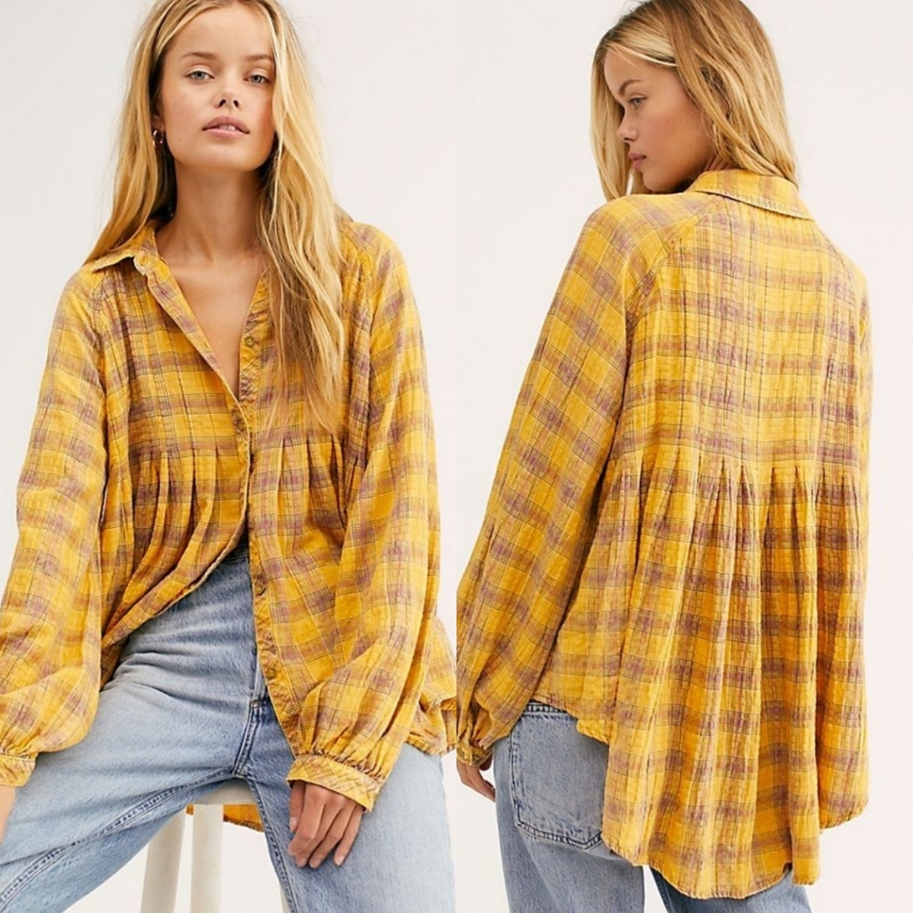 Free People We The Free Tahoe Plaid Buttondown Size M Yellow Color